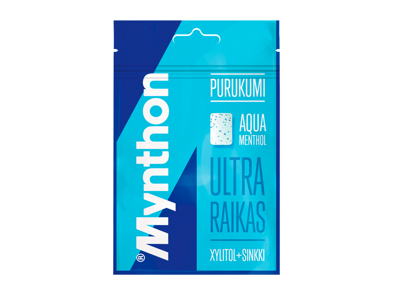 Sinisävyinen purukumipussi, jossa lukee Ultra Raikas ja Xylitol+Sinkki.