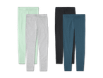 Vier Paar Mädchen-Leggings in Mint, Grau, Schwarz und Dunkelblau.