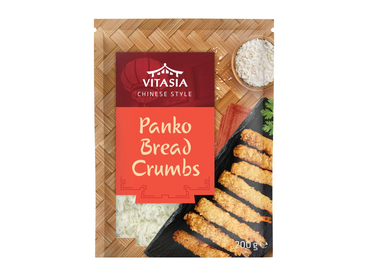 Panko bread crumbs in a package with fried shrimp, Chinese style.