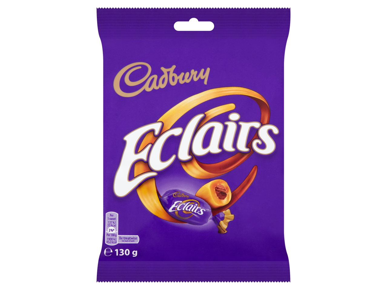 Cadbury Eclairs bag with nutritional information and two eclairs.