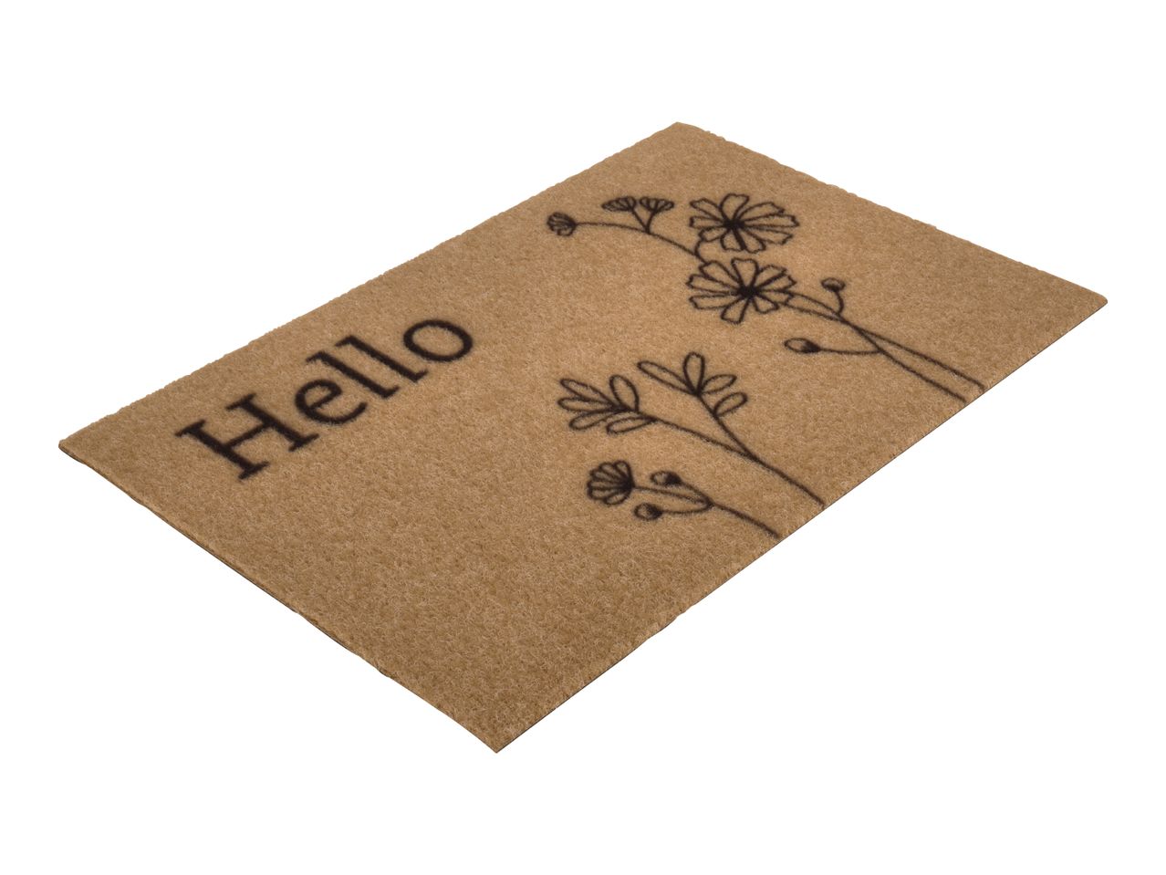 Brown doormat with floral design and 'Hello' text