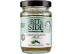 A Bit on the Side Green Jalapeño Jelly in a glass jar.
