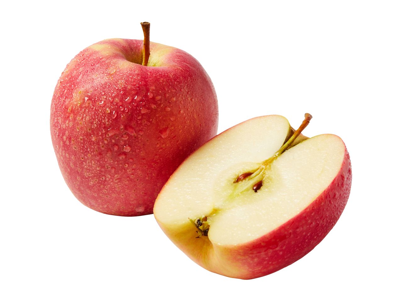 A whole red apple and a half-cut red apple with water droplets on a white background.