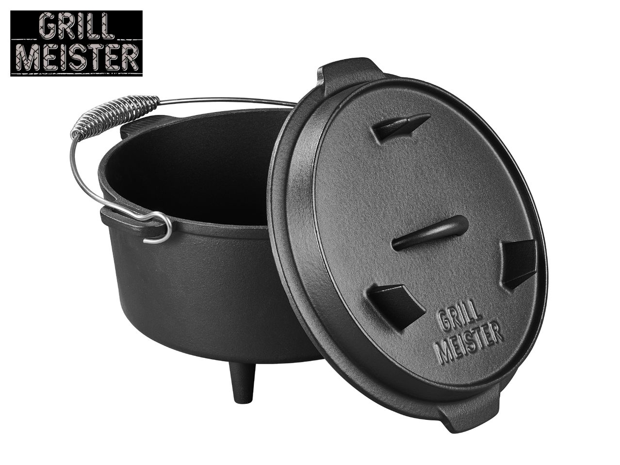 Black cast iron Dutch oven with a lid and a wire handle, featuring a textured surface.