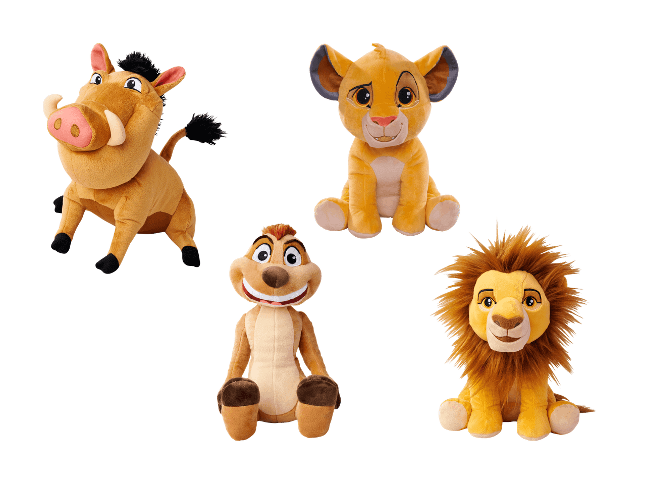 Peluches de Pumbaa, jeune Simba, Timon et Simba adulte