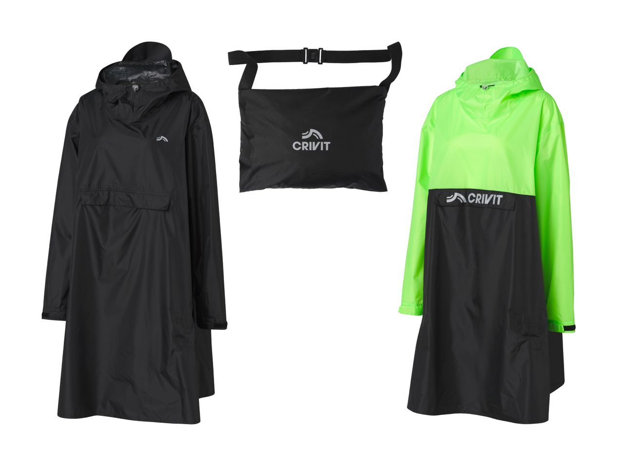 Zwei Crivit Regenponchos, einer schwarz und einer neongrün, inklusive Tragetasche.