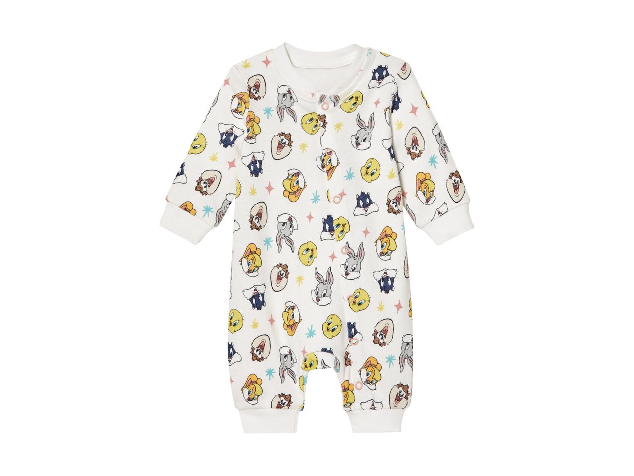 En baby-onesie med Looney Tunes-figurer.