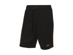 Black athletic shorts with orange text and logo.
