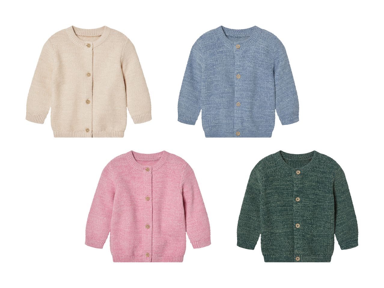 Vier Baby-Cardigans in Beige, Blau, Rosa und Grün.