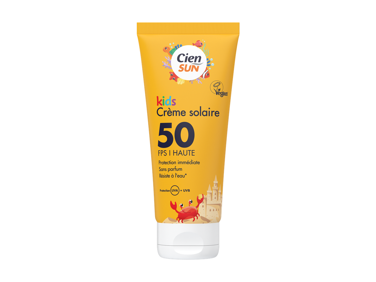 Crème solaire Cien Sun Kids FPS 50 avec protection immédiate, sans parfum et résistante à l'eau.