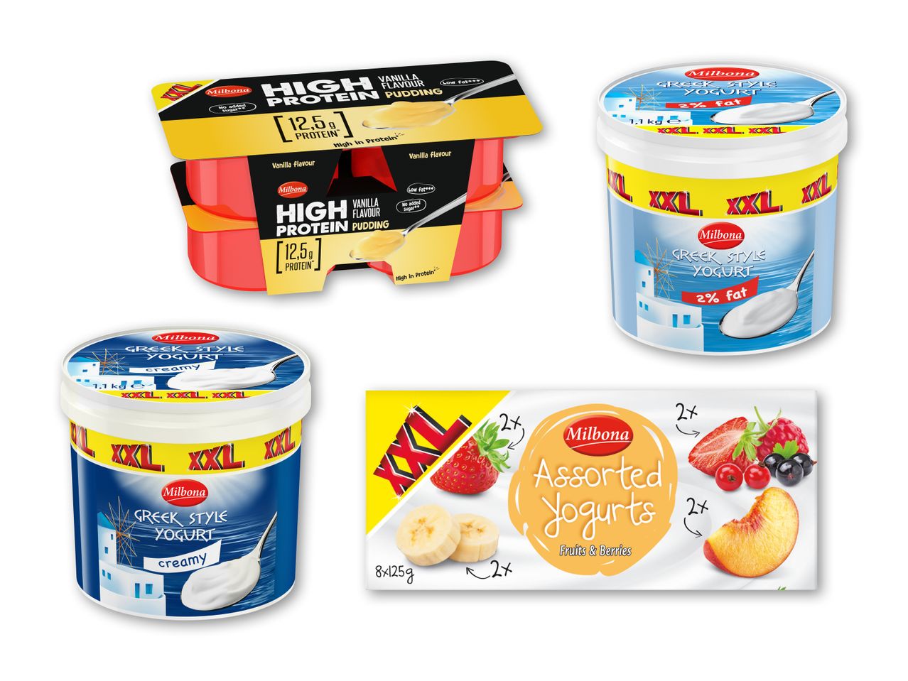 En samling af proteinbudding med vaniljesmag, græsk yoghurt med 2% fedt og cremet græsk yoghurt, samt assorterede frugtyoghurter.
