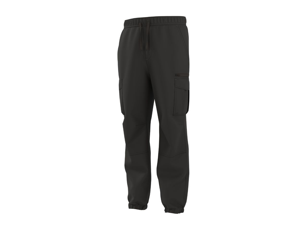 Dark grey cargo pants with an elastic waistband and drawstring, featuring side and cargo pockets.