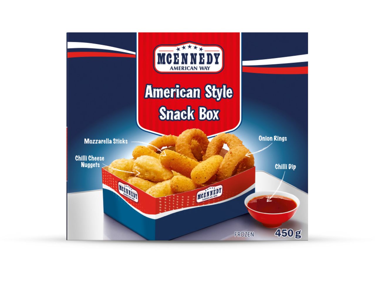 McEnnedy American Style Snack Box s mozzarella štapićima, kolutićima luka i chilli umakom.
