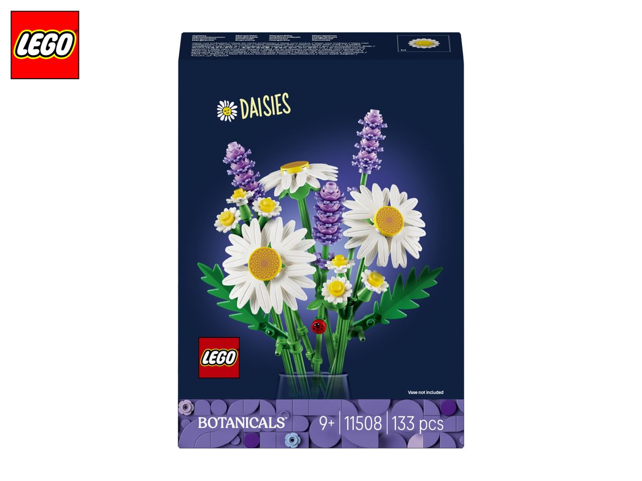 Box for a botanical building set featuring daisies and lavender in a vase, with text 'DAISIES'.