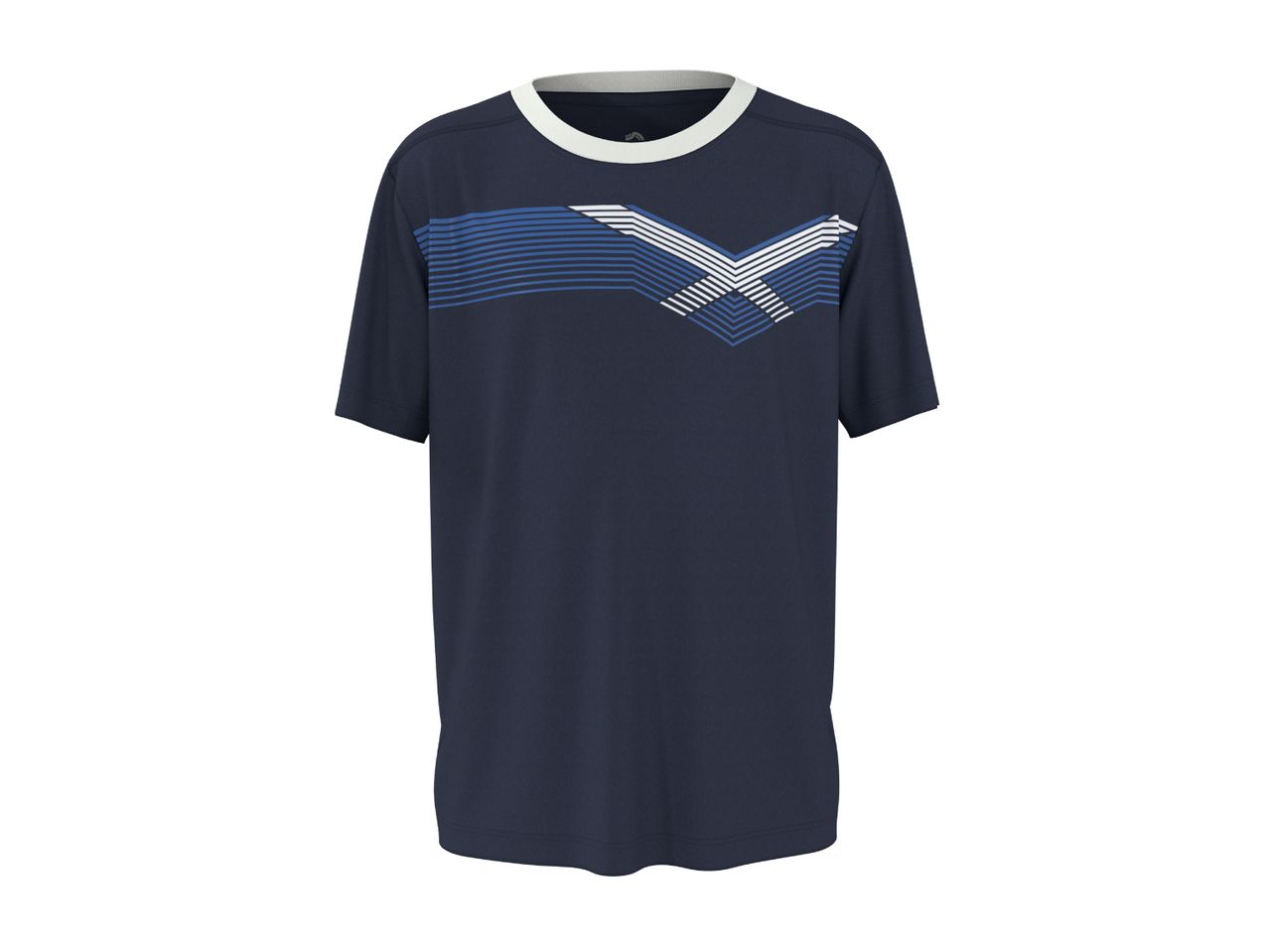 Dark blue short-sleeved t-shirt with a white and blue striped chevron pattern on the chest.