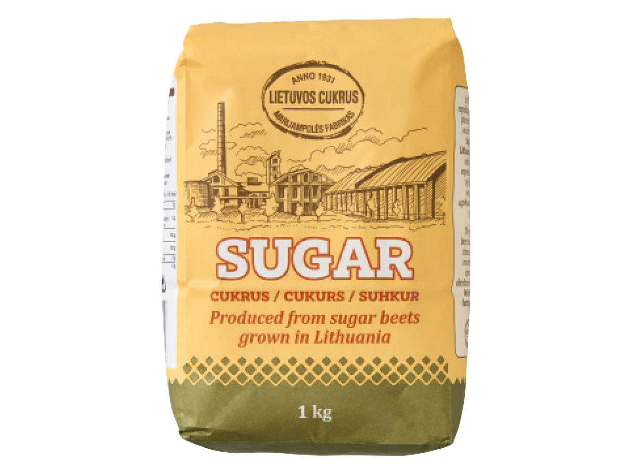 Lietuvos Cukrus cukura iepakojums ar uzrakstu 'SUGAR' un 1 kg svaru.