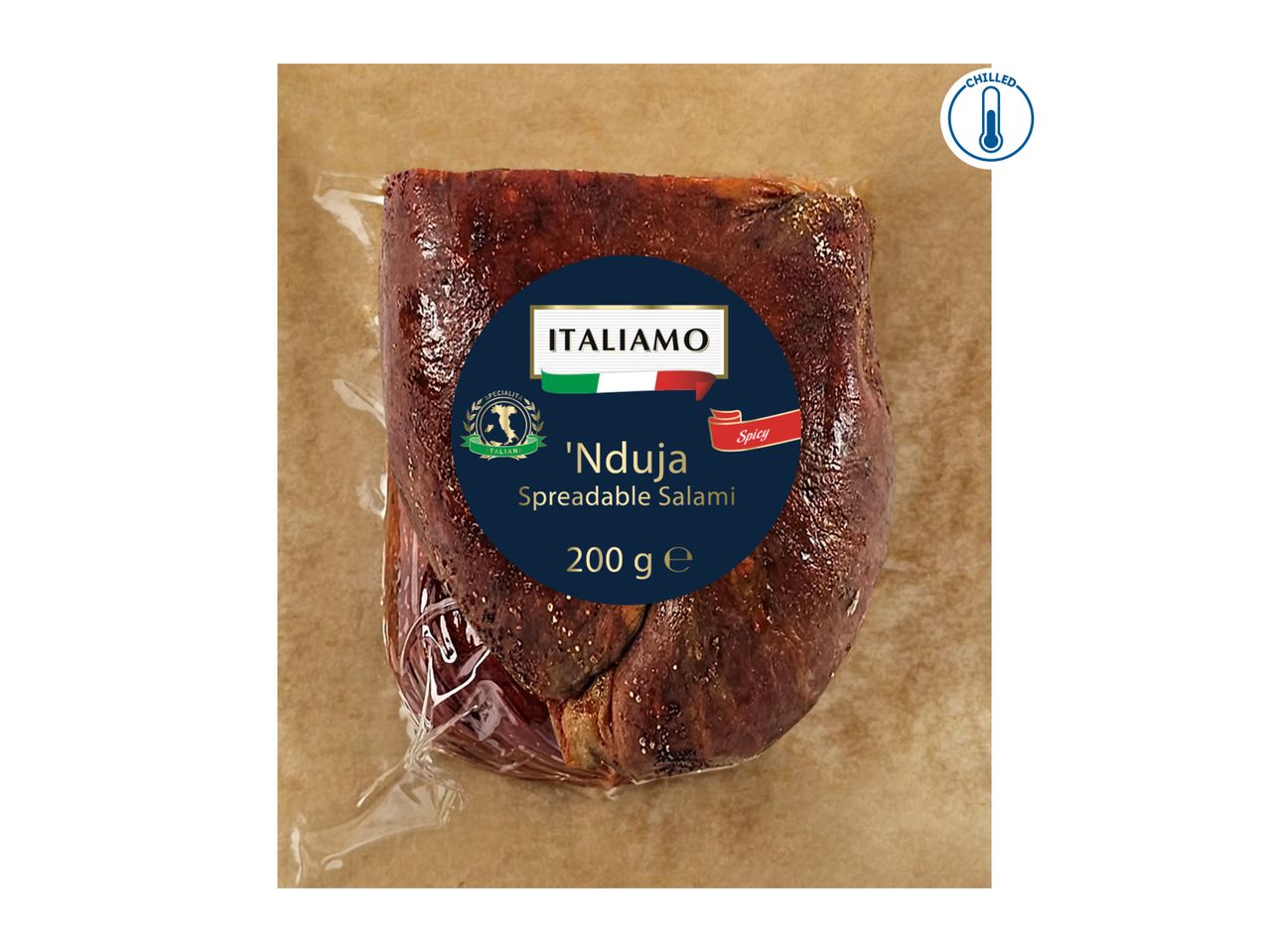 Vacuum-sealed 'Nduja spreadable salami, 200g, with a 'Chilled' icon.