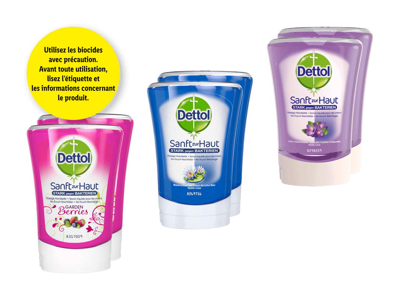 Recharges de savon liquide Dettol Sanft zur Haut aux parfums baies, lotus bleu et violettes, avec un avertissement sur les biocides.