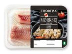 Pakke med torskefiletter, mærket 'THORFISK MØRKSEJ FILETER', 225g nettovægt.