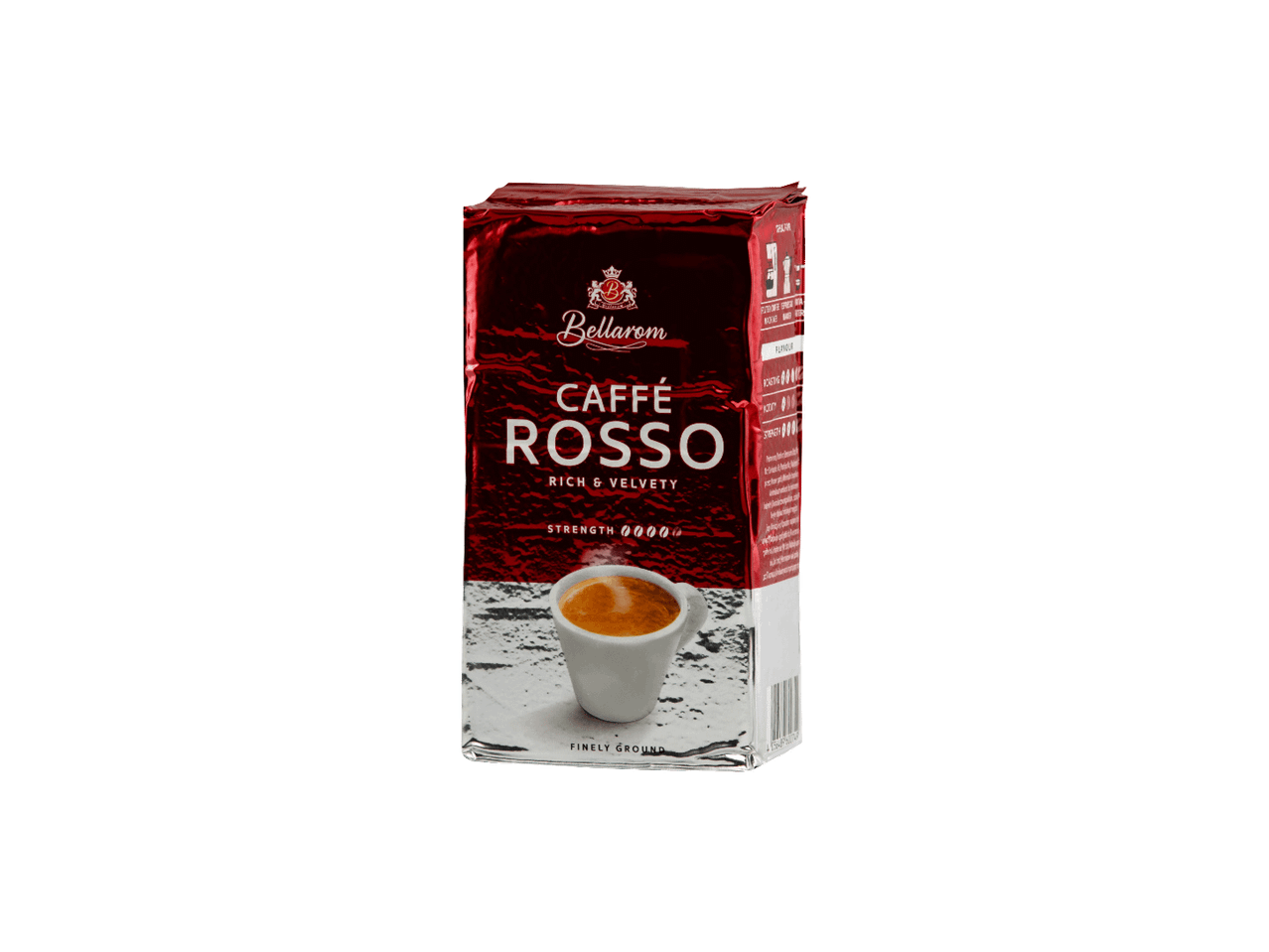 Pakovanje mlevene kafe u crvenoj ambalaži sa šoljicom kafe i natpisom 'Caffè Rosso'.