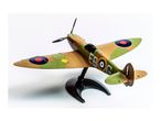 Model airplane, a Spitfire replica, with camouflage paint and markings, on a black display stand.