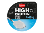Milbona Pudding hyperprotéiné saveur noix de coco avec une cuillère