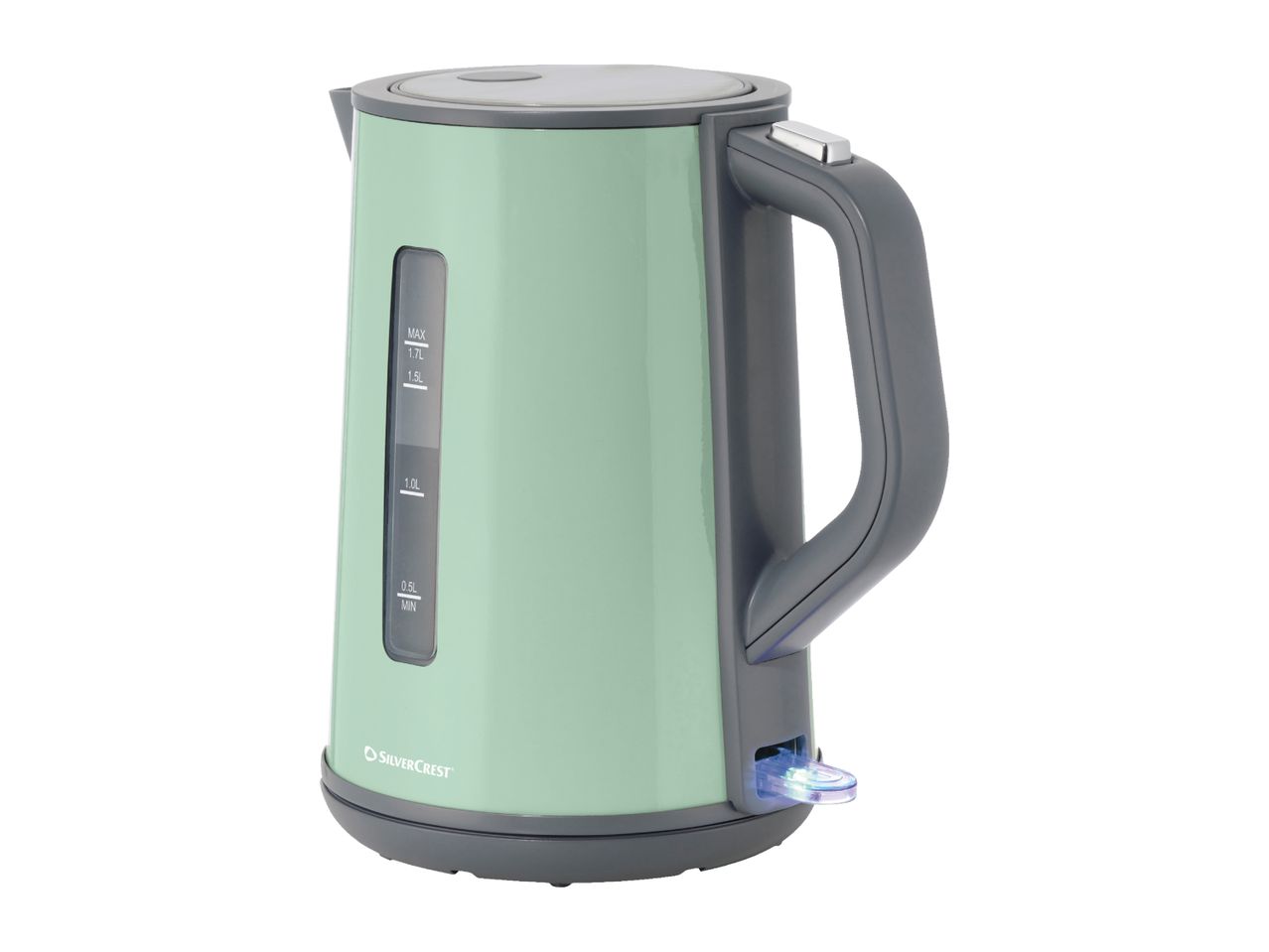 A light green electric kettle with a water level indicator and a gray handle.