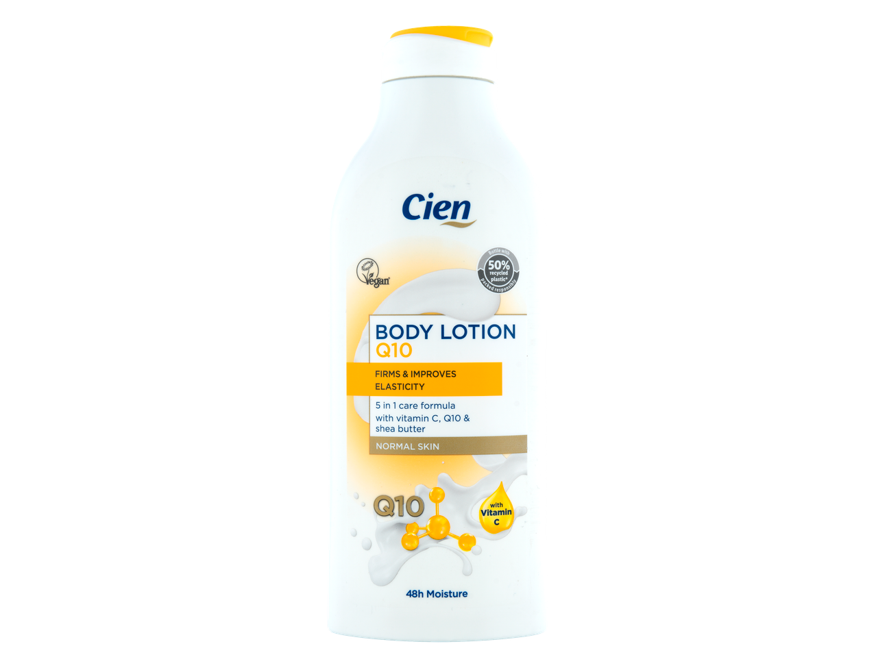 Loção Corporal Cien Q10 para pele normal, firma e melhora a elasticidade, com Vitamina C e manteiga de karité.