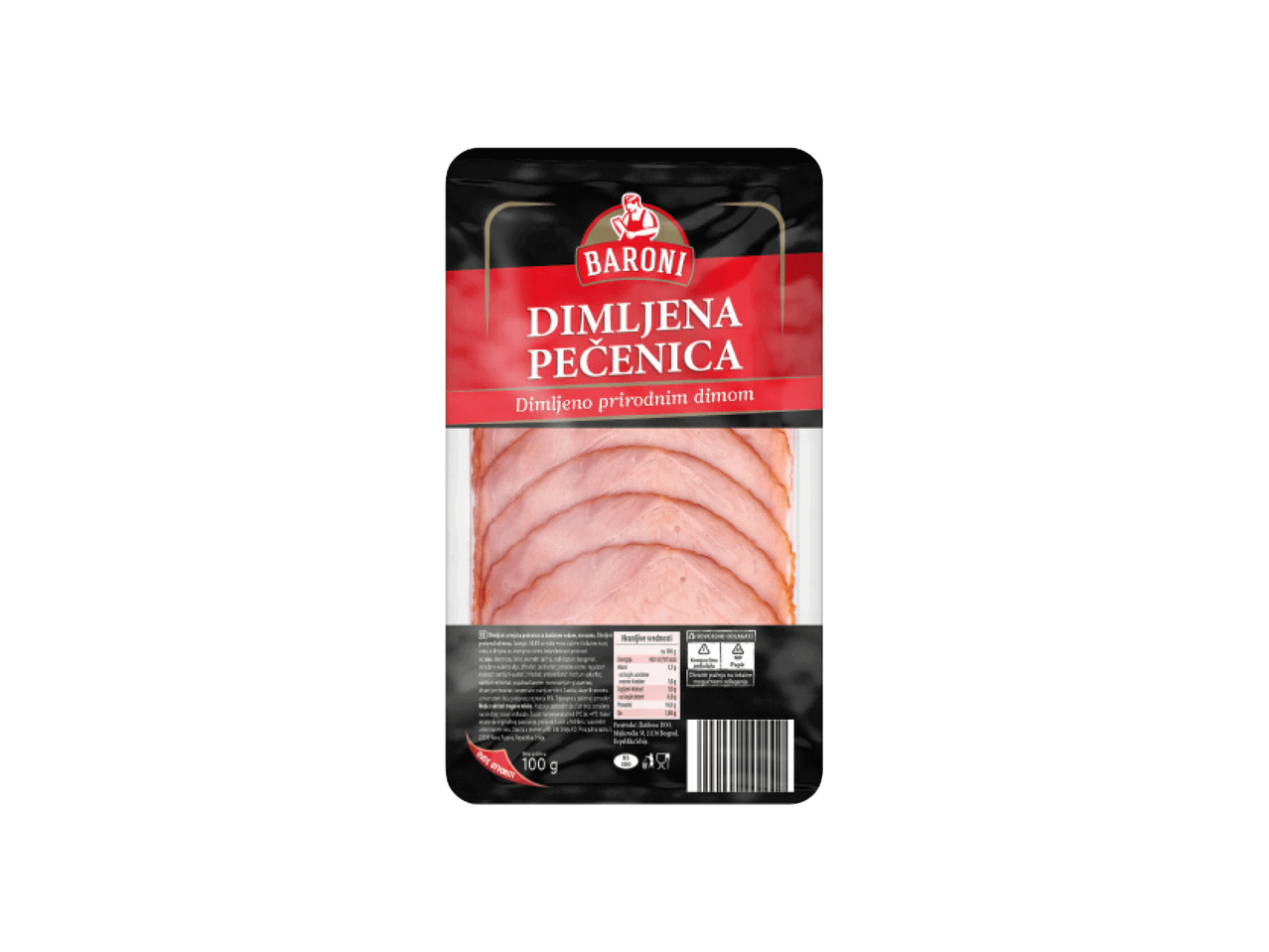 Pakovanje dimljene pečenice sa natpisom 'DIMLJENA PEČENICA Dimljeno prirodnim dimom' i 100 g.