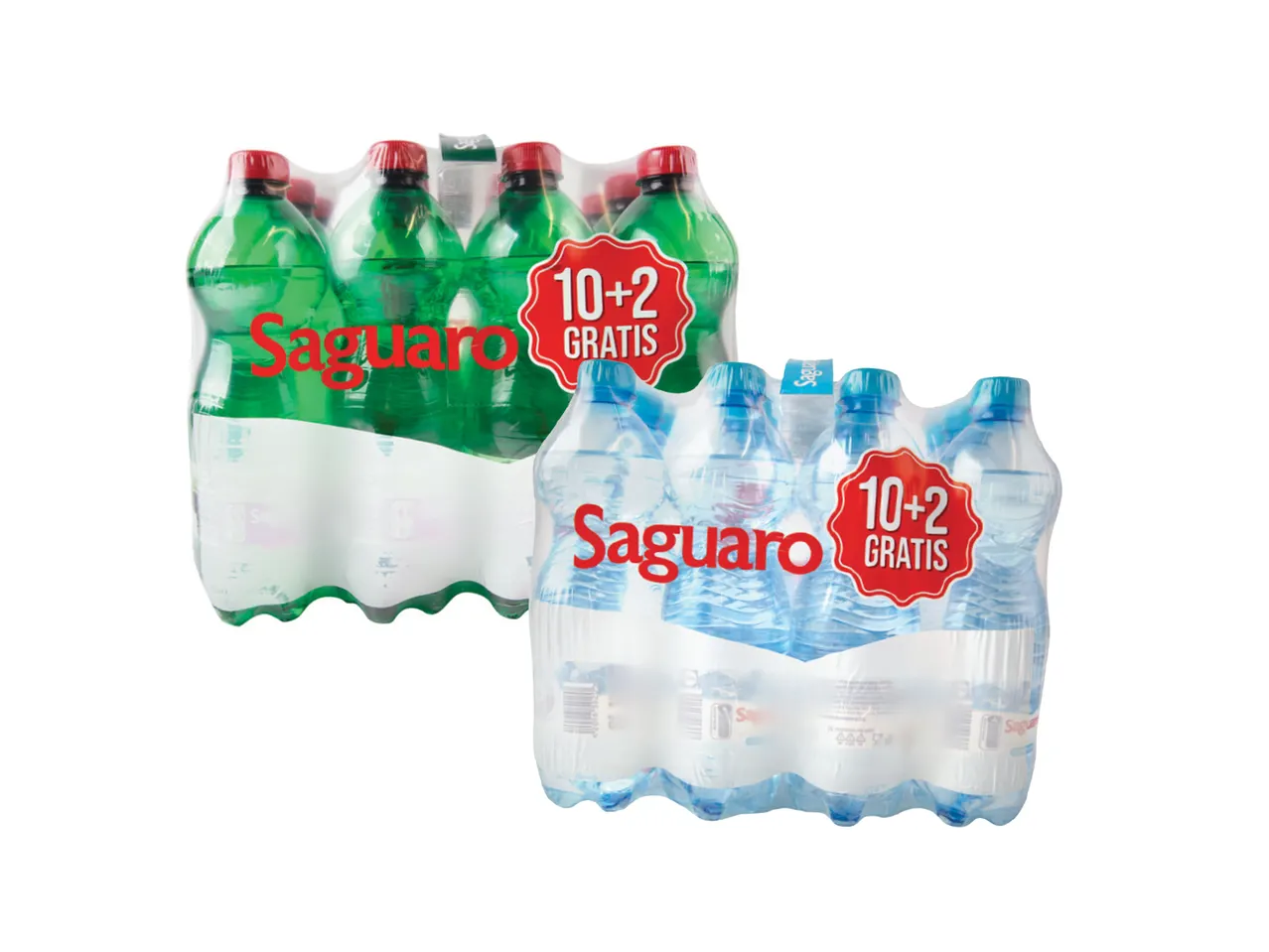 Dva pakovanja Saguaro flaširane vode, jedno zeleno i jedno plavo, sa natpisom „10+2 GRATIS“.
