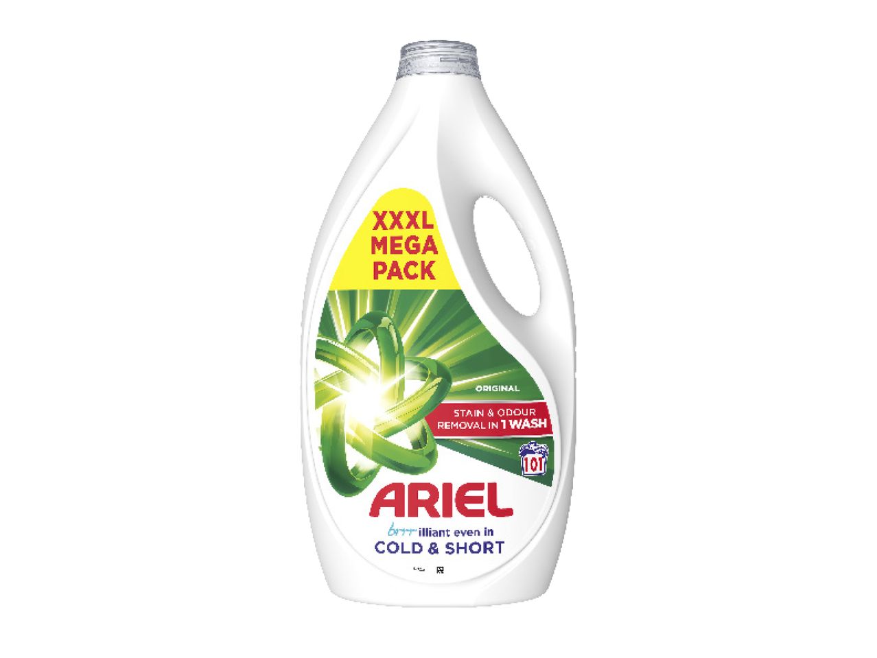 Ariel liquid laundry detergent in an XXXL Mega Pack bottle.