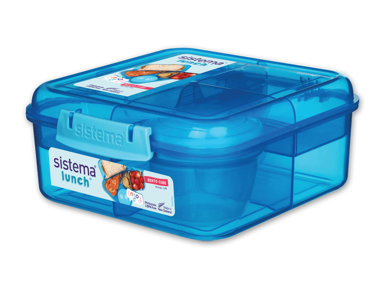 Eine blaue Sistema Lunch Bento Box mit verschiedenen Fächern für Lebensmittel.