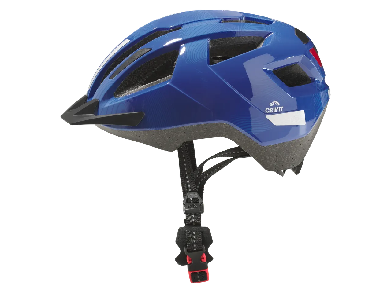 Blauwe CRIVIT kinderfietshelm met vizier en reflecterende elementen.