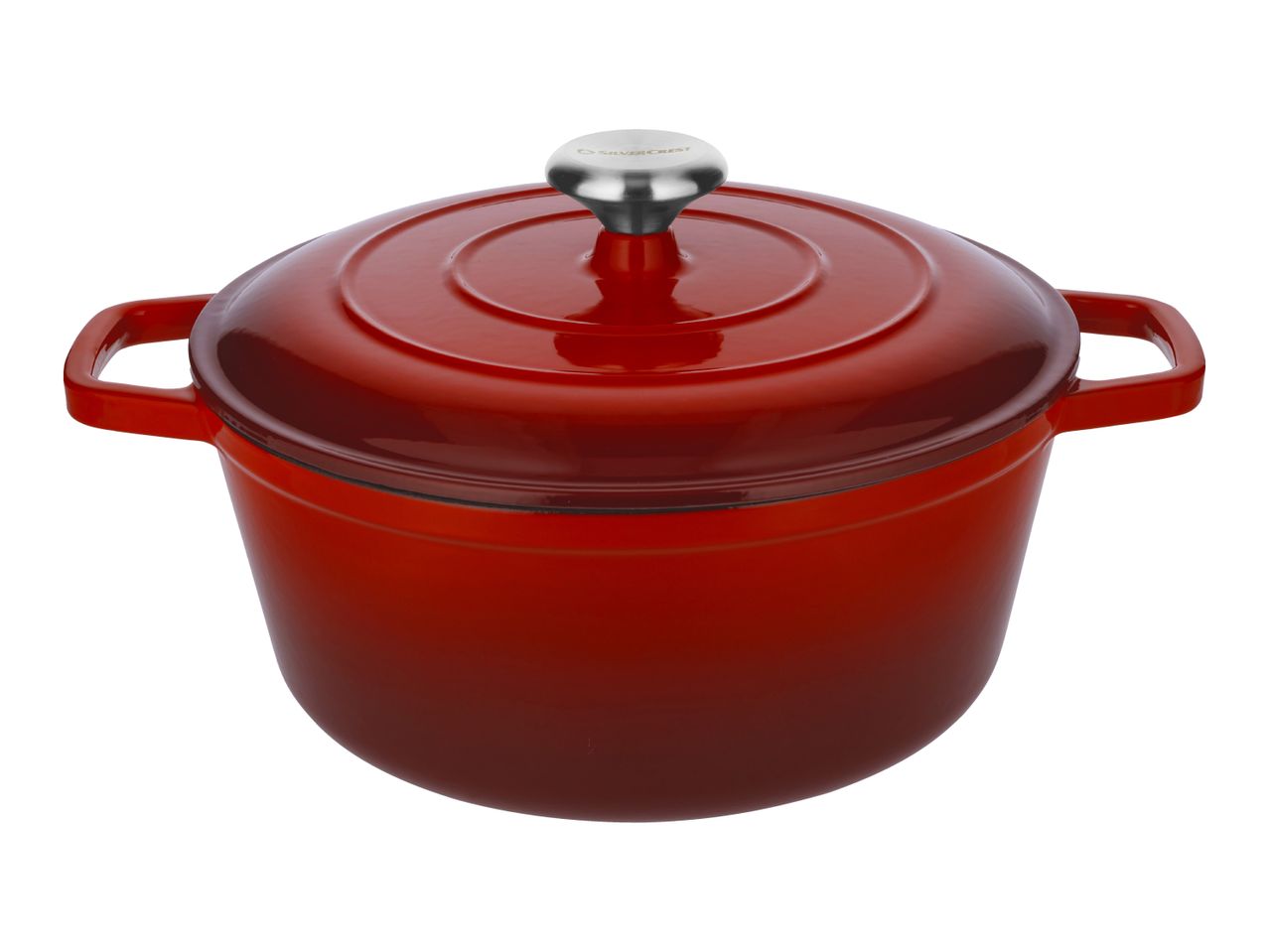 Red cast iron Dutch oven with lid and silver knob on a white background.