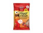 Rød emballage med frugtstænger til børn, med dadler, rosiner og jordbær, uden tilsat sukker.