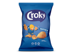 Een blauwe zak paprikachips met een afbeelding van een vogel en losse chips.