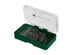 A green plastic case containing a set of drill bits.
