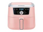 Pink air fryer with digital display showing 180 degrees Celsius and various cooking functions.