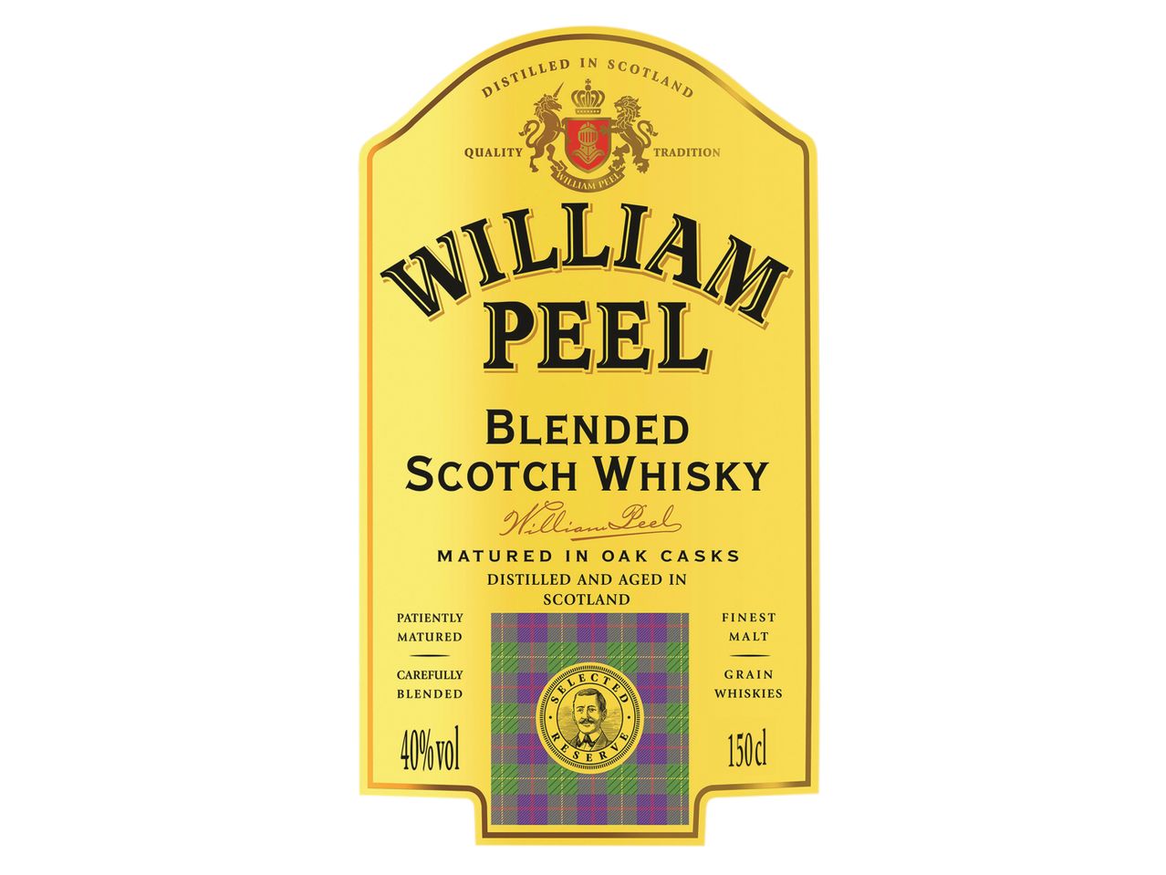 Етикет на William Peel blended Scotch whisky.