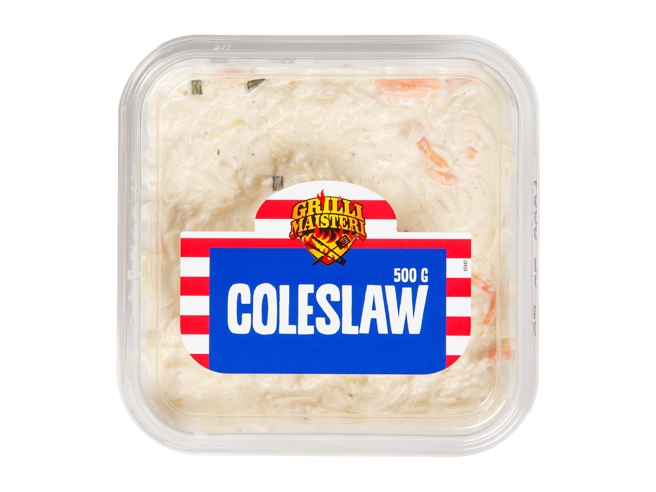 Muovipakkaus coleslaw-salaattia, jossa on valkoinen ja oranssi salaattisekoitus.