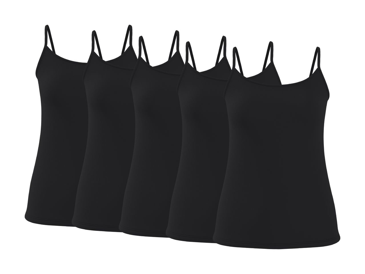 Fem sorte camisole-toppe med spaghettistropper, arrangeret i en række.