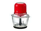 Red electric food chopper with a glass bowl and measurement markings