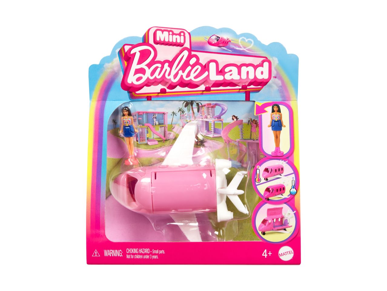 Mini Barbie Land playset featuring a pink airplane, a Barbie doll, and a playset background.
