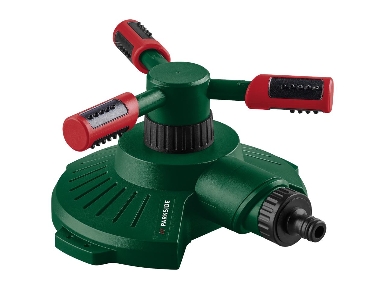 Green and red rotating garden sprinkler with three adjustable spray arms.