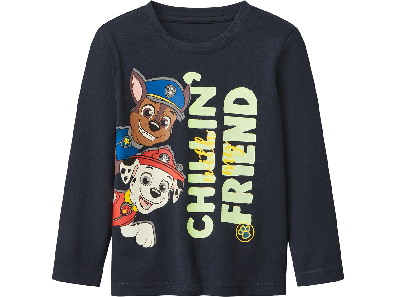 Tamnoplava Paw Patrol majica dugih rukava s Chaseom i Marshallom i tekstom „CHILLIN' with my FRIEND“.