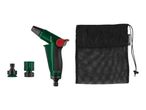 Green garden spray gun with two hose connectors and a black mesh storage bag.