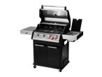 Grillmeister 4 Burner Gas Barbecue, black and silver, with open lid and side burner