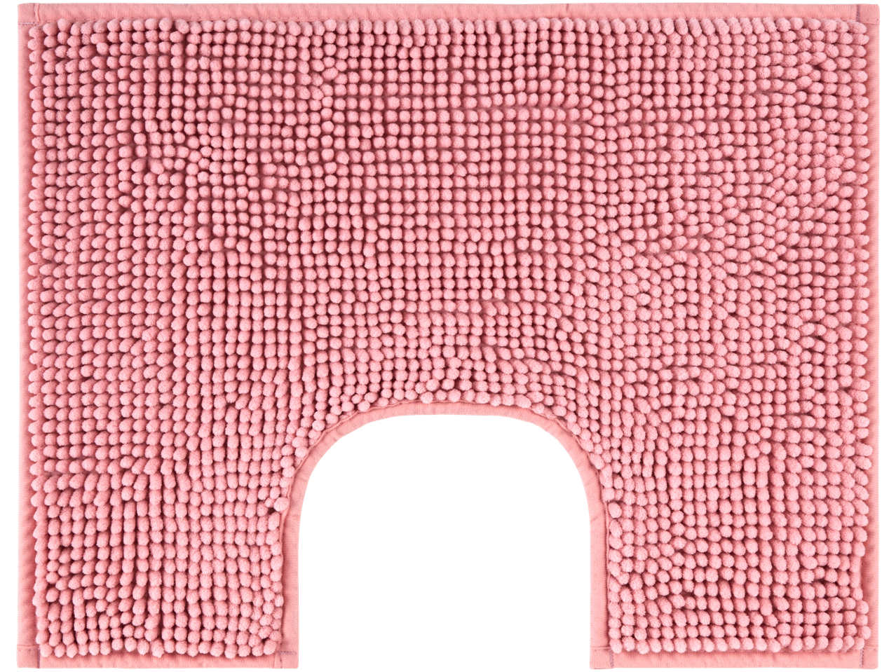 Roosa vannituppa matt, millel on tualettruumi ava.