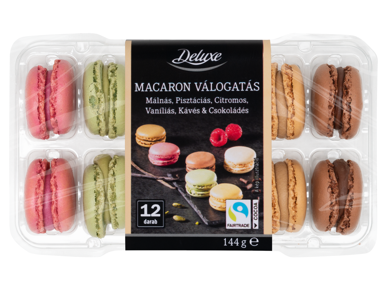 Deluxe Macaron Válogatás málnás, pisztáciás, citromos, vaníliás, kávés és csokoládés ízekben.