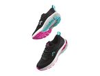Two black and pink athletic shoes with blue accents.